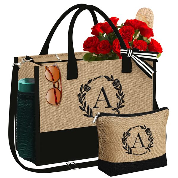 Initial Jute Tote Bag Graduation Gifts For Women Makeup Bag Beach Tote Bag With Zipper Pockets Adjustable Strap Birthday Gifts For Women Girls