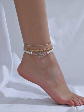 3入組爪鏈蝴蝶與珍珠串珠踝鍊套裝，女性沙灘足飾時尚款式