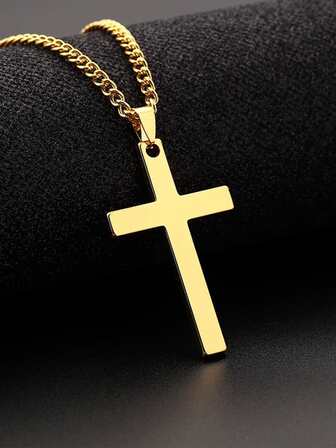 1入組時尚鋅合金十字吊墜金色項鍊適合男人及女人,合適的適用於日常穿著