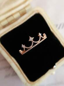 1入組輕奢皇冠圓環女士們首飾類適合女士S925純銀定情戒指精細的首飾類禮品適合女孩適用於愛好者的圓環 - 金色 - 查看 3