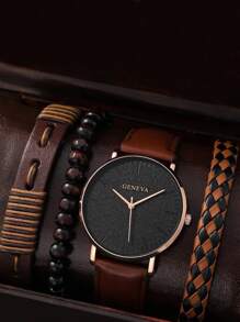 4入组/套時尚商業復古男士棕色的皮帶石英表和編織PU皮革手鐲套裝 - 棕色 - 查看 1