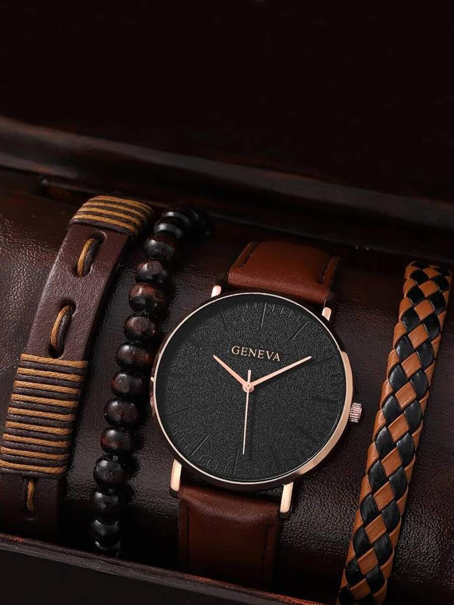 4入组/套時尚商業復古男士棕色的皮帶石英表和編織PU皮革手鐲套裝 - 棕色 - 查看 1