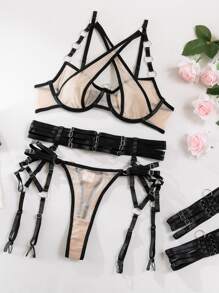 女款十字金屬肩帶性感網眼透視內衣套裝，含胸圍、三角褲、吊帶襪腰帶和腿環 - 卡其色 - 查看 9