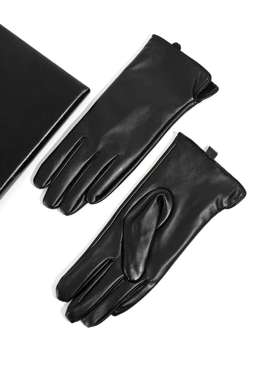 Party 1pair Pu Leather Simple Style Women's Five Fingers Warm Gloves