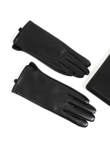 Party 1pair Pu Leather Simple Style Women's Five Fingers Warm Gloves