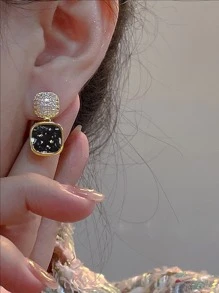 1雙簡約風復古黑色幾何形狀耳環帶水鑽適合女士,甜美風日期 - 黑色 - 查看 3