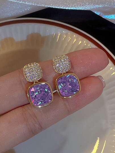 1 Par Pendientes Geométricos Vintage Púrpura Simples Con Pedrería Para Citas De Mujeres