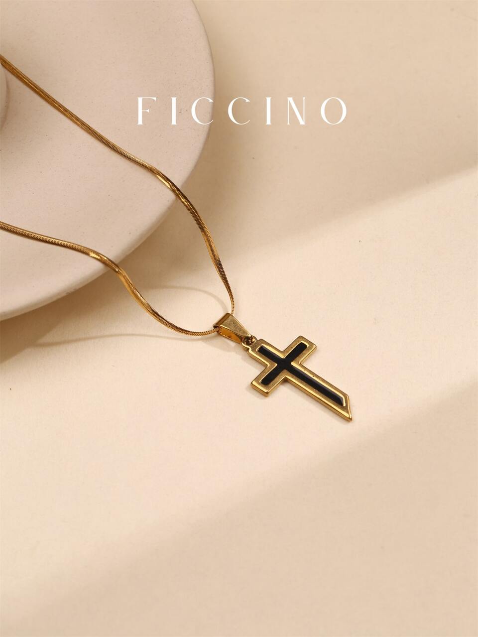 FICCINO Men's Black Gold Plated Titanium Steel Cross Pendant With Titanium Steel Flat Snake Chain Necklace, Vintage & Personalized For Daily Wear With Gift Box