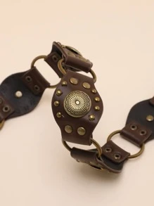 波西米亚风 1 件装女士西式咖啡色 PU 材质腰带，带圆形扣，适合万圣节夏季、秋季、万圣节 - 咖啡 - 查看 3