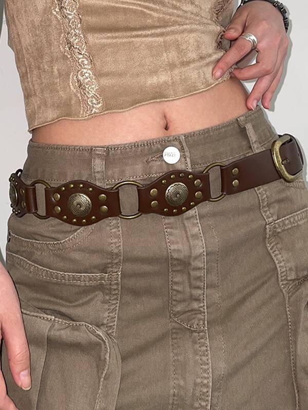Boho 1pc Women's Western Style Coffee Pu Material Belt With Circular Buckle Halloween Summer, School