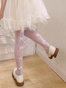 1 Pieza Mallas Blancas Para Niñas Pequeñas Con Patrón De Lazo Vertical Ahuecado Y Cubierta Para El Pie, Adecuadas Para Atuendos De Regreso A La Escuela - Blanco - Ver 3