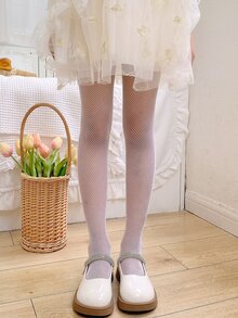 1 Pieza Mallas Blancas Para Niñas Pequeñas Con Patrón De Lazo Vertical Ahuecado Y Cubierta Para El Pie, Adecuadas Para Atuendos De Regreso A La Escuela - Blanco - Ver 2