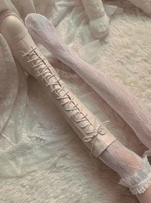 2對女性夏季薄糖果色花邊過膝蘿莉塔長襪,時尚百搭 - 黑與白 - 查看 4