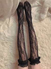 2對女性夏季薄糖果色花邊過膝蘿莉塔長襪,時尚百搭 - 黑與白 - 查看 6