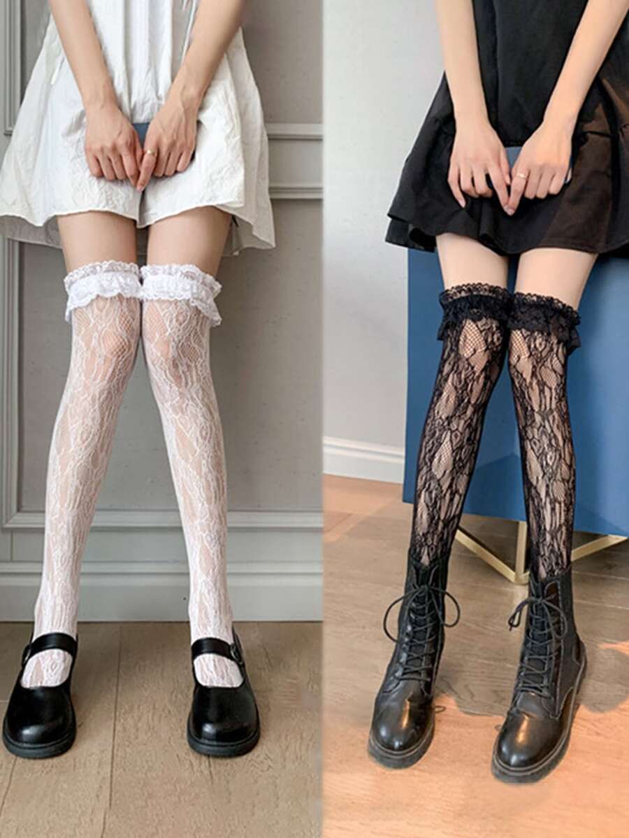 2對女性夏季薄糖果色花邊過膝蘿莉塔長襪,時尚百搭 - 黑與白 - 查看 1