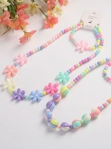 2 pièces le set : Collier et bracelet mignons de couleur bonbon, bijoux pour enfants avec perles, couleurs et design floral aléatoires