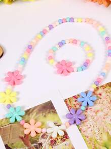 2 pièces le set : Collier et bracelet mignons de couleur bonbon, bijoux pour enfants avec perles, couleurs et design floral aléatoires