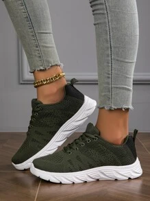 2023 年新款透气轻质网眼针织系带简约可洗女士休闲鞋，适合跑步、散步、公路运动 - 軍綠色 - 查看 4