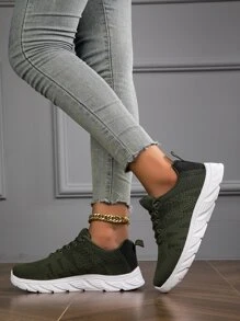 2023 年新款透气轻质网眼针织系带简约可洗女士休闲鞋，适合跑步、散步、公路运动 - 軍綠色 - 查看 5