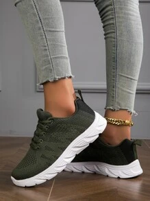 2023 年新款透气轻质网眼针织系带简约可洗女士休闲鞋，适合跑步、散步、公路运动 - 軍綠色 - 查看 6