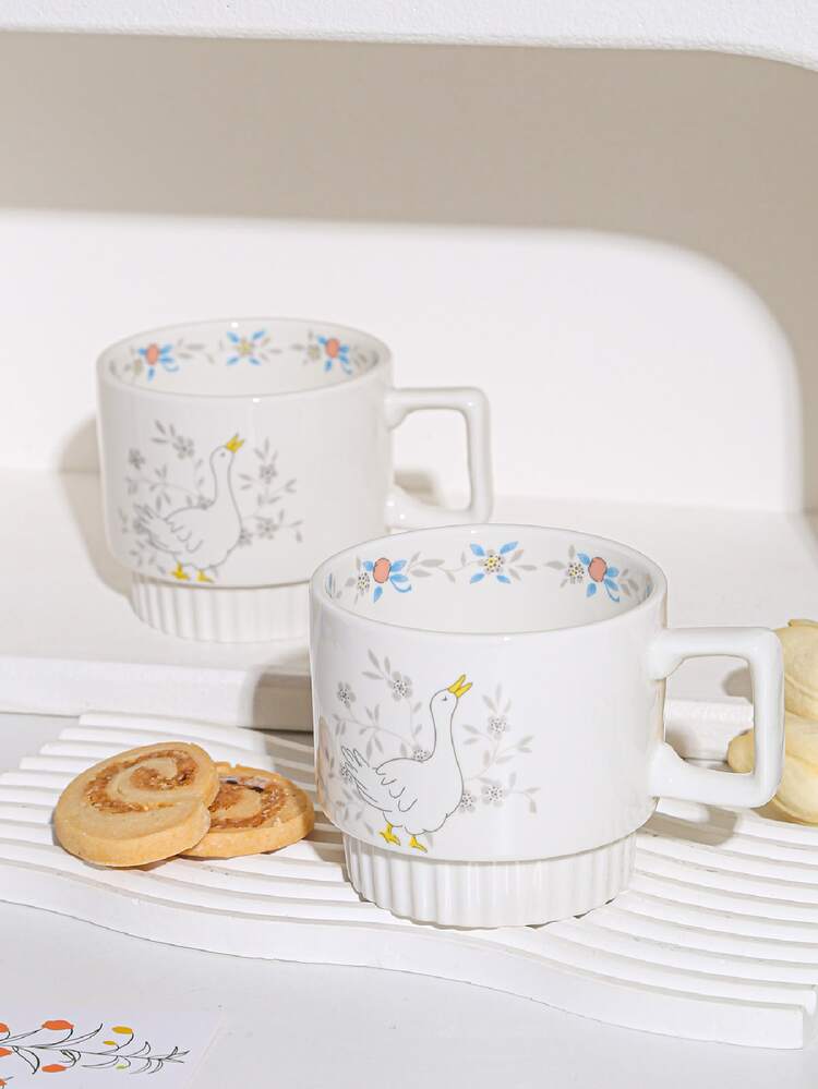1 pieza Taza para beber pequeño cerámico con ganso patrón , para desayuno cereal , leche , café , - Blanco - Añade 5