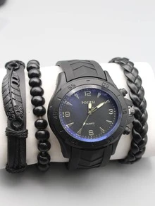 Set de banda de reloj de silicona para hombres con reloj de cuarzo, adecuado para juegos de regalo de accesorios diarios - Negro - Ver 2