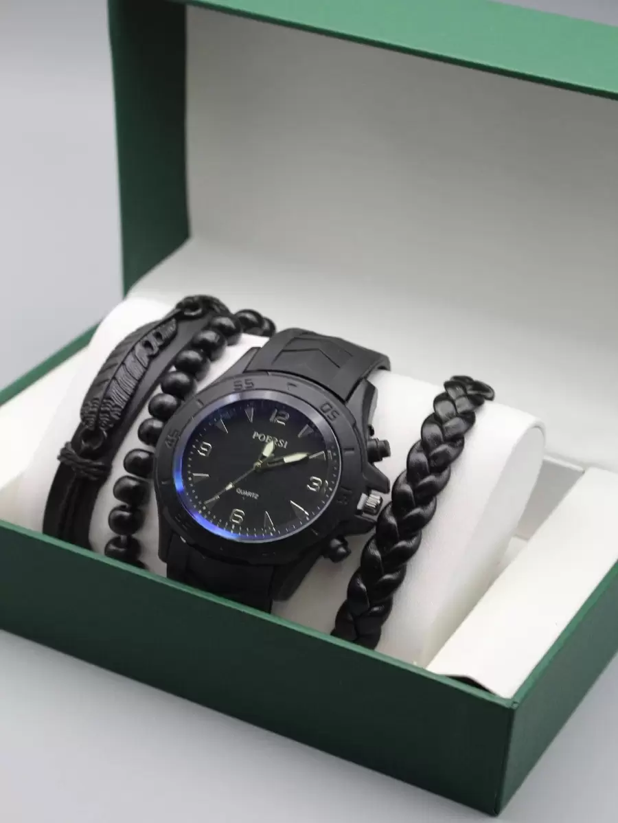 Set de banda de reloj de silicona para hombres con reloj de cuarzo, adecuado para juegos de regalo de accesorios diarios - Negro - Ver 1