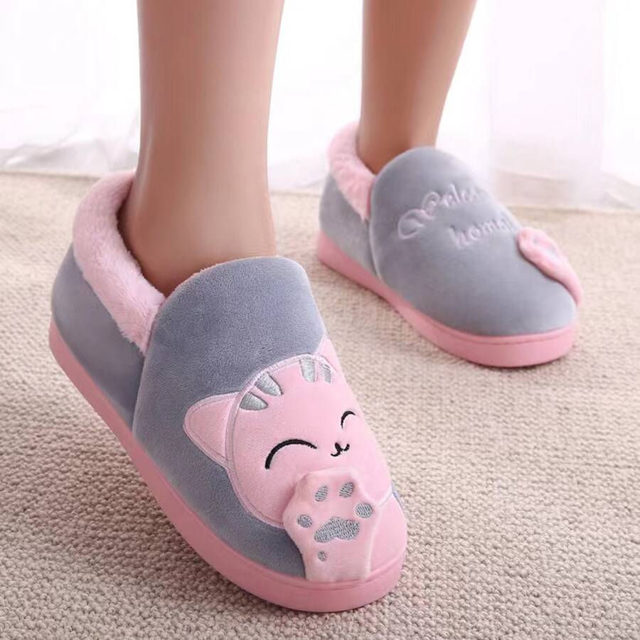 Women's Winter Welcome Home Cartoon Lucky Cat Indoor Slippers - Grey - View 1