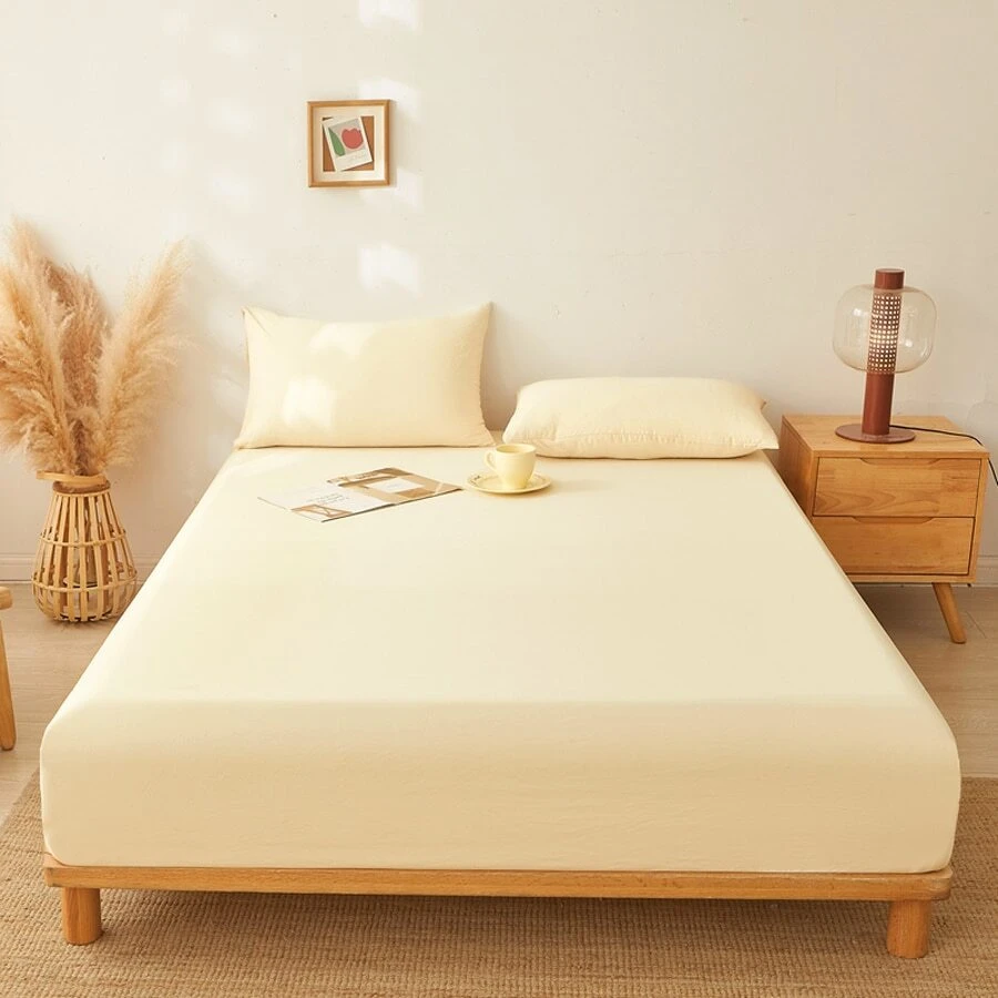 1pc Solid Color Fitted Sheet Mattress Cover Dust Ruffle Bedspread, Bedroom Bedding - Yellow - View 1