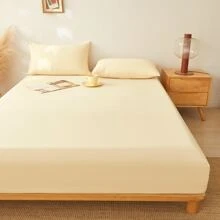 1pc Solid Color Fitted Sheet Mattress Cover Dust Ruffle Bedspread, Bedroom Bedding - Yellow - View 4