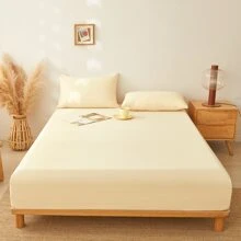 1pc Solid Color Fitted Sheet Mattress Cover Dust Ruffle Bedspread, Bedroom Bedding - Yellow - View 5