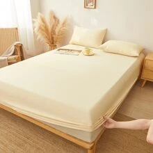 1pc Solid Color Fitted Sheet Mattress Cover Dust Ruffle Bedspread, Bedroom Bedding - Yellow - View 2