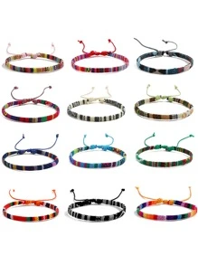12pcs/set  Bracelets Bohemian Summer Beach Party Dress Decor Colorful Ankle Bracelets Thin Rope Unisex Handmade Adjustable Elastic Weaving Bracelets Chain Jewelry Festival Friendship Lucky Hand Rope Teacher Gift for Men Women Couple Teen