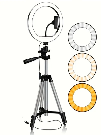 10 英寸自拍环形灯带 1M 三脚架，自拍环形灯 LED 灯带灵活三脚架和手机支架，兼容 iPhone Android 手机用于照片自拍视频录制 Zoom 会议、采访、直播、视频博客、家庭聚会、圣诞派对拍摄、手持自拍、户外活动
