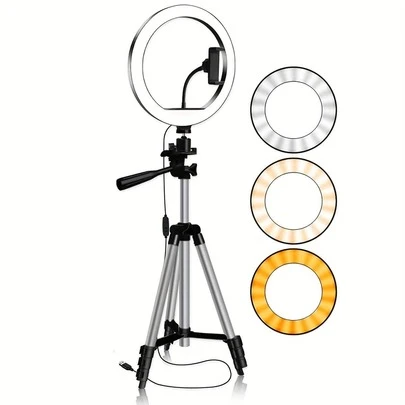 10 英寸自拍环形灯带 1M 三脚架，自拍环形灯 LED 灯带灵活三脚架和手机支架，兼容 iPhone Android 手机用于照片自拍视频录制 Zoom 会议、采访、直播、视频博客、家庭聚会、圣诞派对拍摄、手持自拍、户外活动