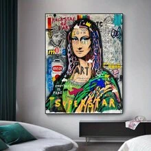 1 pieza Arte de graffiti moderno, póster impreso en lienzo de la Mona Lisa, pintura de arte callejero pop para decoración de pared del hogar, sin marco