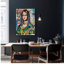 1 pieza Arte de graffiti moderno, póster impreso en lienzo de la Mona Lisa, pintura de arte callejero pop para decoración de pared del hogar, sin marco