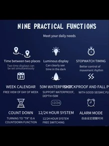 SANDA 顶级男士LED电子表 5ATM防水运动军表男士数字表时尚男士石英表男士钟表 - 藏蓝色 - 查看 7