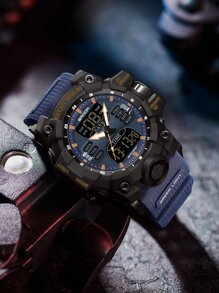 SANDA 顶级男士LED电子表 5ATM防水运动军表男士数字表时尚男士石英表男士钟表 - 藏蓝色 - 查看 3