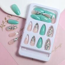 24pcs White Floral Clusters & Soft Green Colorful Painting Nail Strips + 1pc Jelly Gel + 1pc Nail File