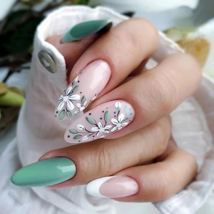 24pcs White Floral Clusters & Soft Green Colorful Painting Nail Strips + 1pc Jelly Gel + 1pc Nail File