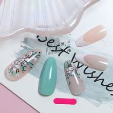 24pcs White Floral Clusters & Soft Green Colorful Painting Nail Strips + 1pc Jelly Gel + 1pc Nail File