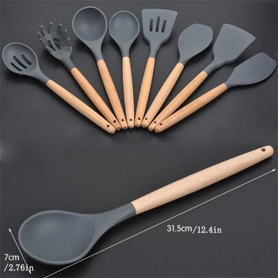 1入組/套矽膠和木頭烹飪鍋鏟工具套裝,包括漏勺,素色湯匙,撇渣器長柄勺