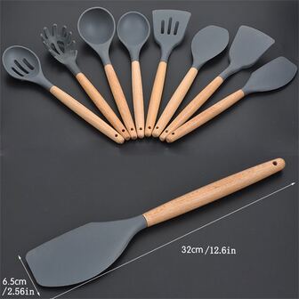 1入組矽膠和木柄廚房用具套裝包括刮刀,鍋鏟,湯勺和撇渣器