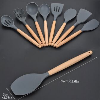 1入組/套矽膠和木柄廚房用具套裝包括刮刀,鍋鏟,長柄勺和過濾勺適用於烹飪