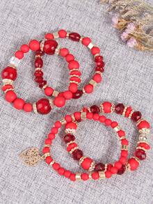 4 件裝簡單混合珠子和心形吊墜多層女手鍊 - 紅色 - 查看 2