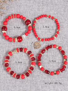 4 件裝簡單混合珠子和心形吊墜多層女手鍊 - 紅色 - 查看 4