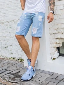 Men Denim Shorts - 淺色水洗藍 - 查看 1