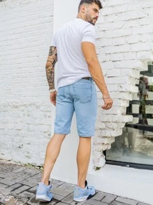 Men Denim Shorts - 淺色水洗藍 - 查看 2