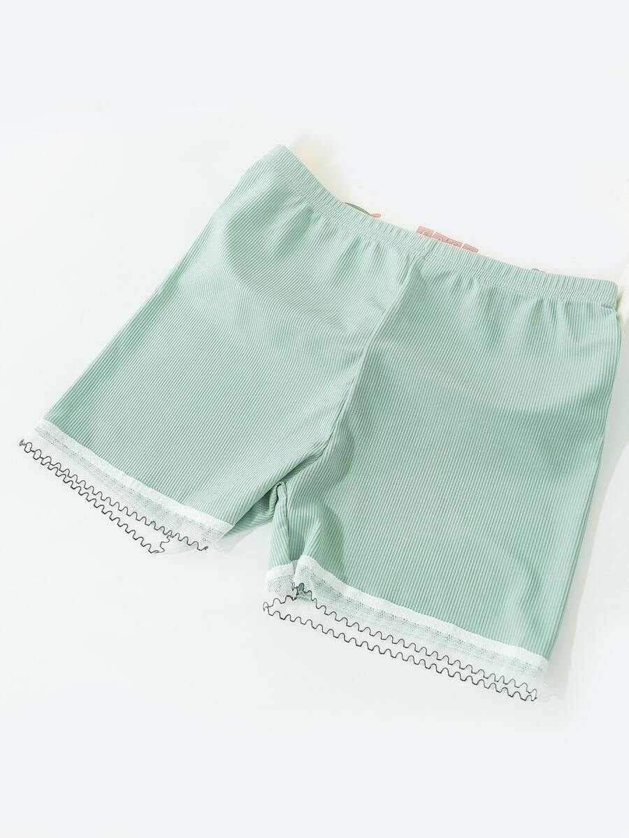 1 Quần Short An Toàn Viền Ren Cho Trẻ Em, Màu Trơn, Quần Legging Ngắn Mỏng - màu xanh lá - Xem 1
